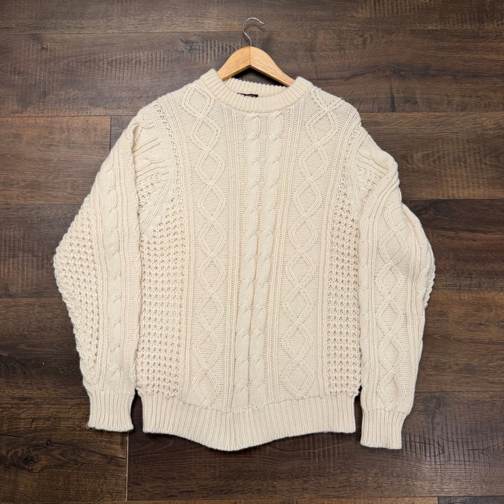 Pine Grove Mens XL Cable Knit Sweater Cream Fisherman Crew Neck Acrylic